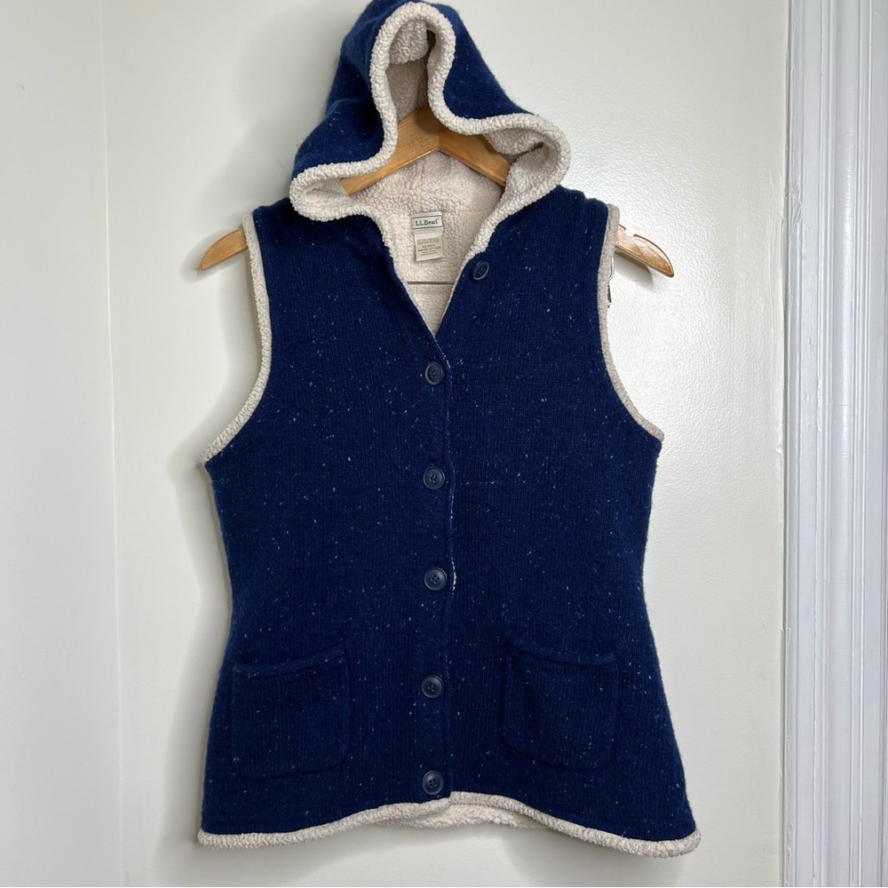 L.L. Bean Lambswool Blend Sweater Vest w/ Hood Women’s XS Blue Knit Speckled